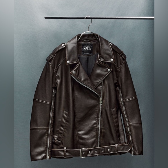 ZARA WASHED FAUX LEATHER OVERSIZED BIKER JACKET - Picture 13 of 14